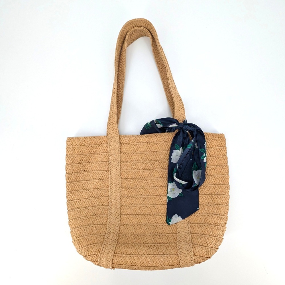 Draper James Woven Straw Tote Bag with Navy Floral Scarf Tan Summer Beach Bag